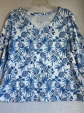 J. Jill Pima Cotton 3/4 Sleeve V Neck Tee Shirt Top Pineapple Tropical sz XLP